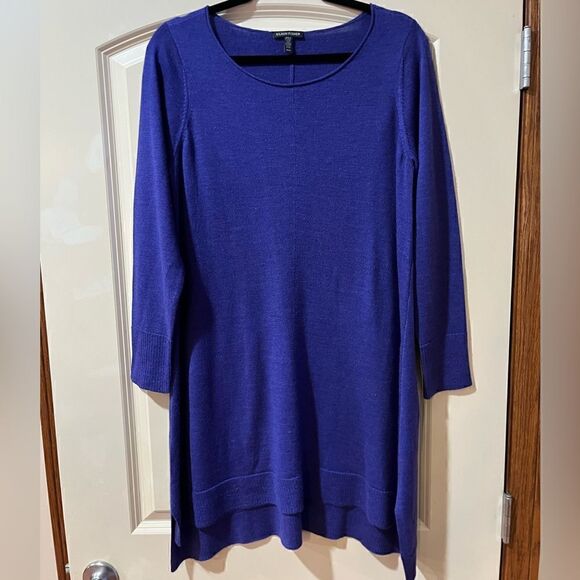 EILEEN FISHER 100% Merino Wool Sweater Dress Hi Low Hem Blue Women’s Size Medium - Picture 1 of 5